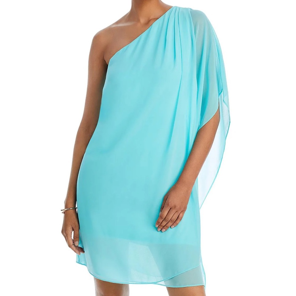 NEW $398 Kobi Halperin Sabrina one shoulder dress teal aqua chiffon knee length